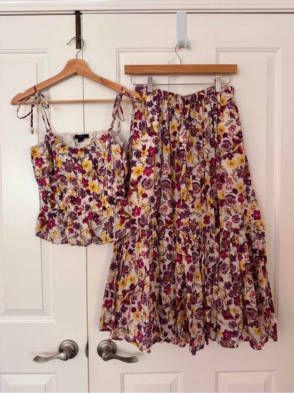 Floral Tie-Strap Cotton Top and Tiered Skirt - Yellow, Fuschia & Purple Flowers